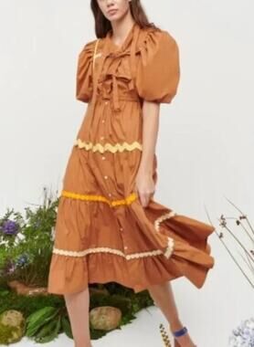 Celia B Tyra Midi Dress Scallop Ruffles Ric Rac Trim Brown Cotton Size XS NWT